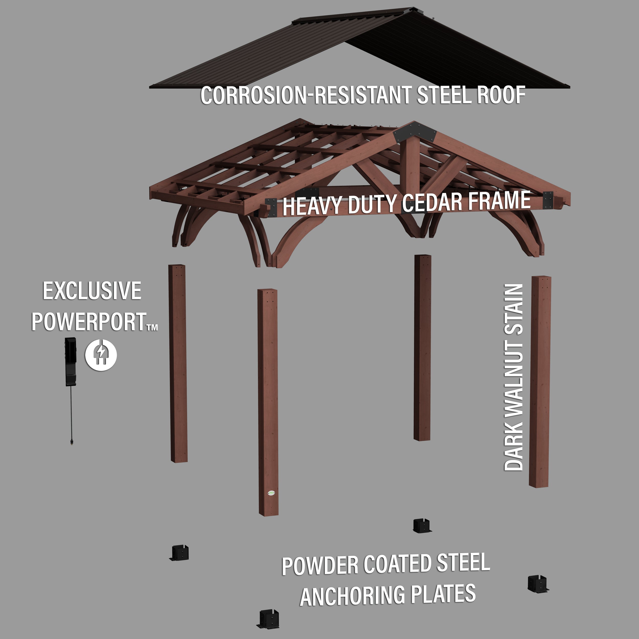 arlington gazebo exploded view in dark brown stain