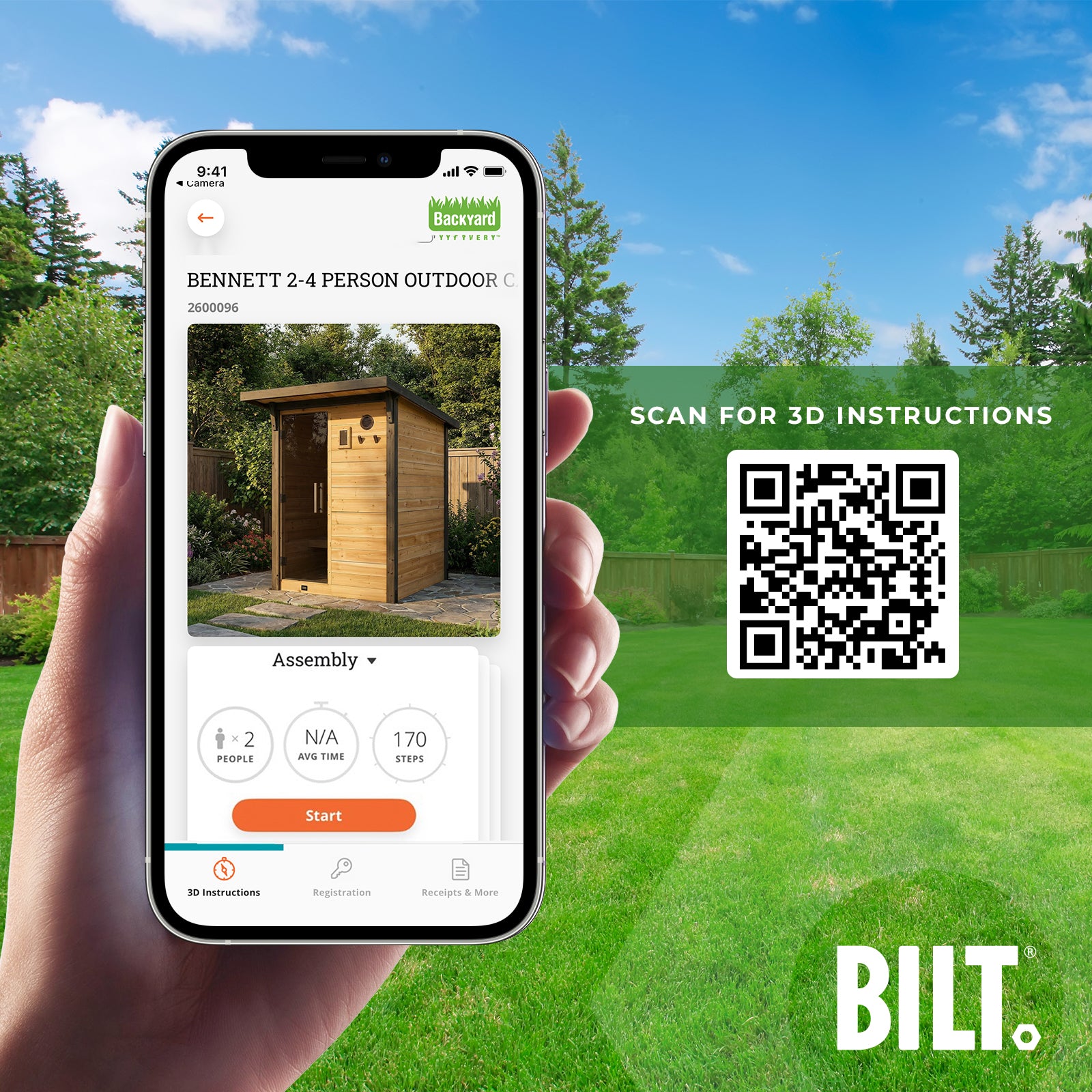 BILT assembly for the Bennett 2-4 Person Outdoor Sauna with 3D interactive step-by-step instructions on a smartphone