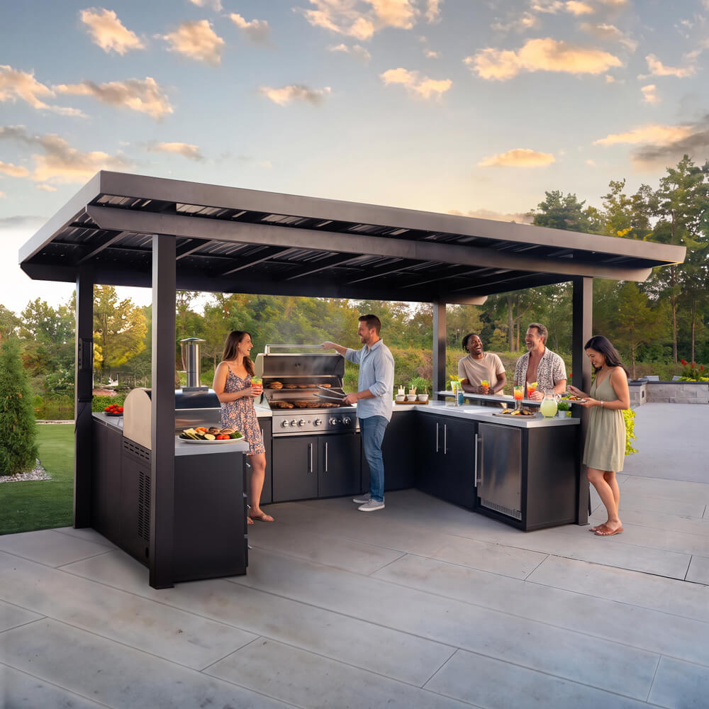 People grilling and eating under a structure