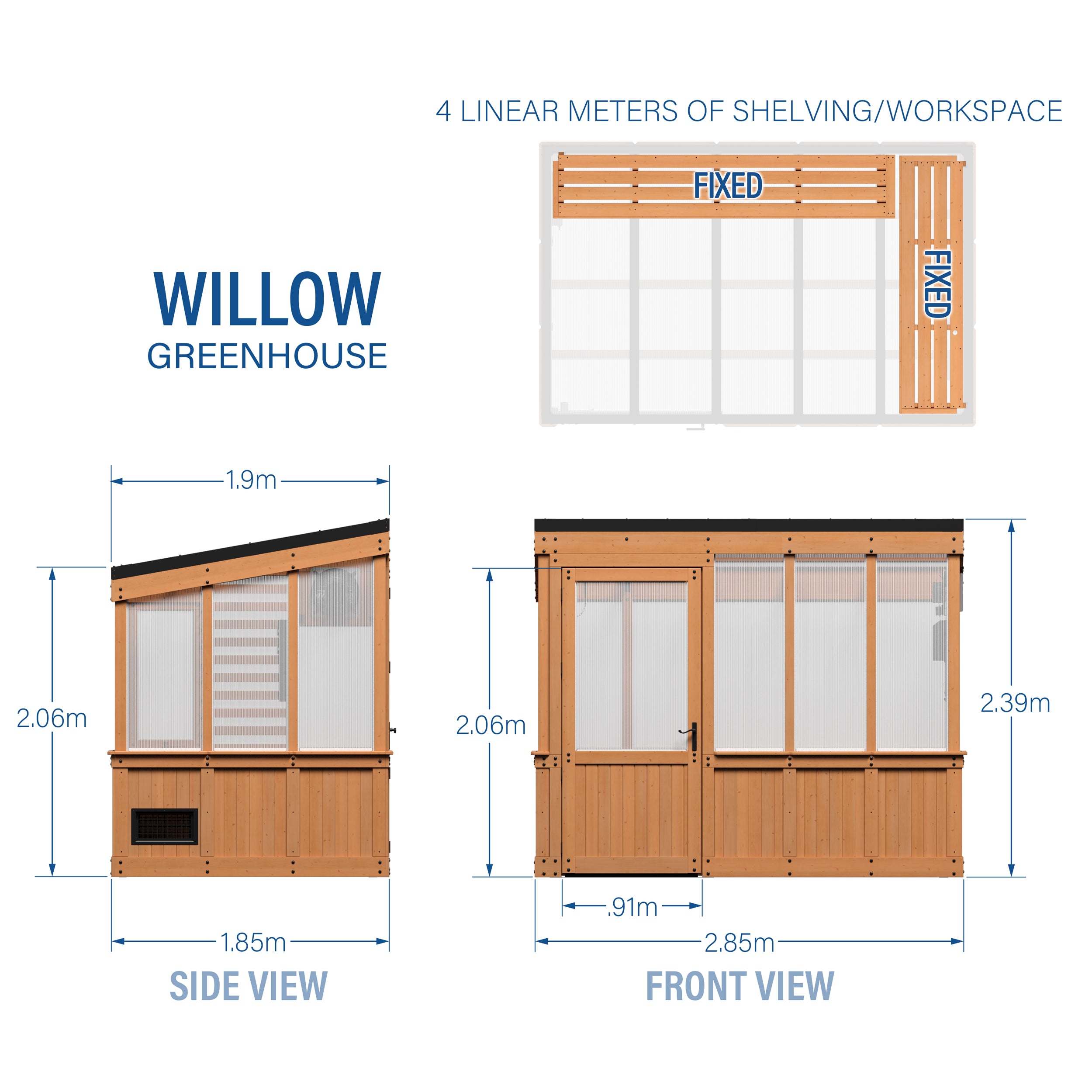2.7m X 1.8m Willow Greenhouse Metric Dimensions