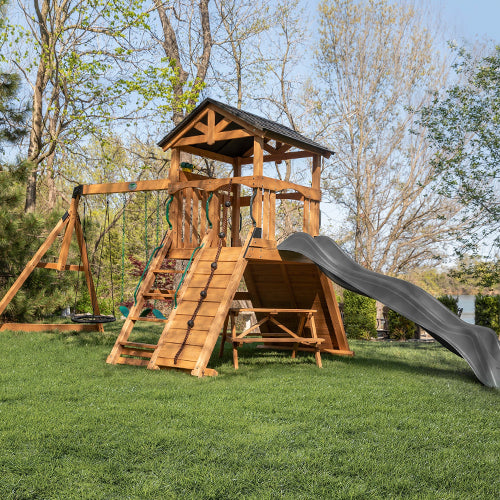 wooden swing set and gray slide
