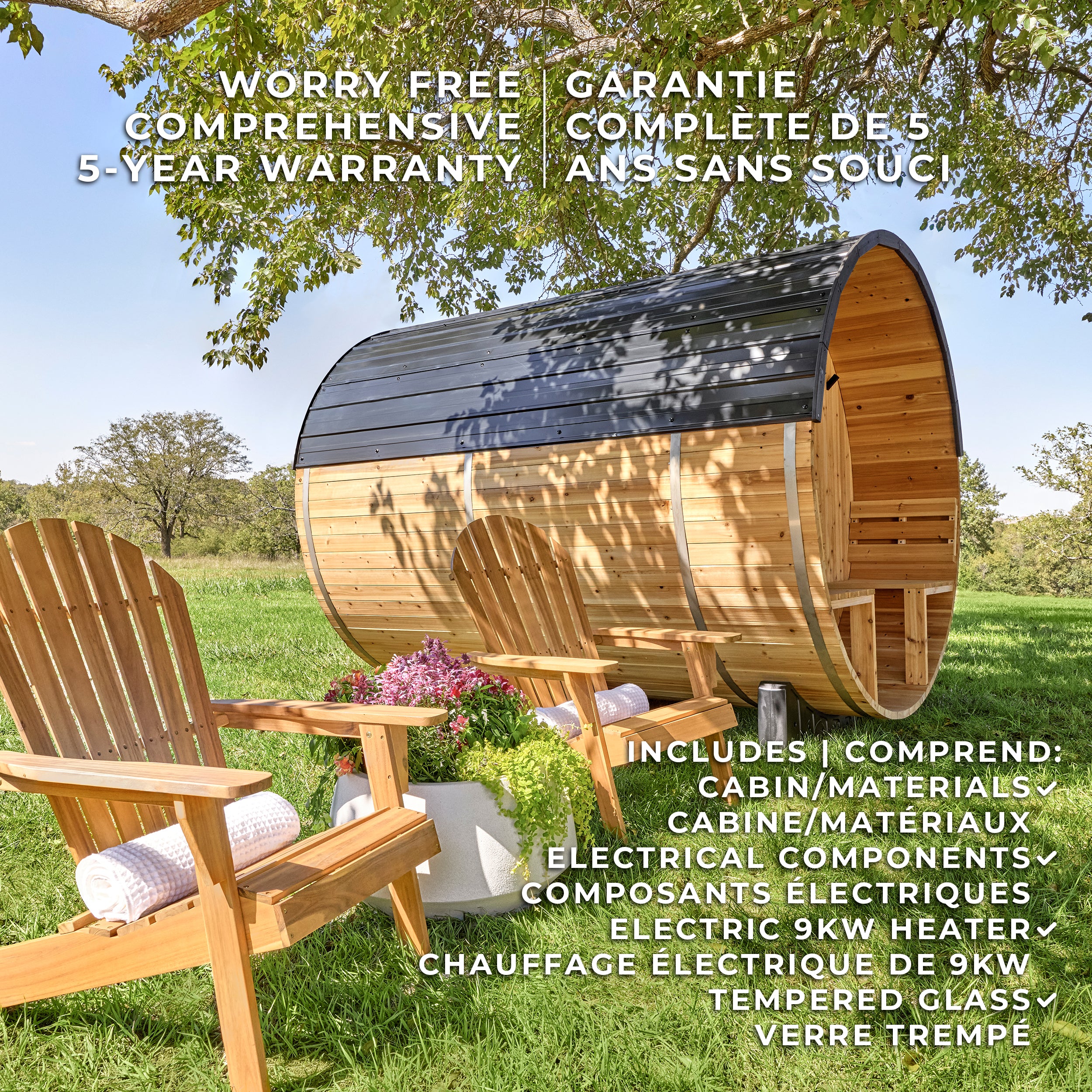 Paxton Outdoor Barrel Sauna with Porch – 4-6 Person